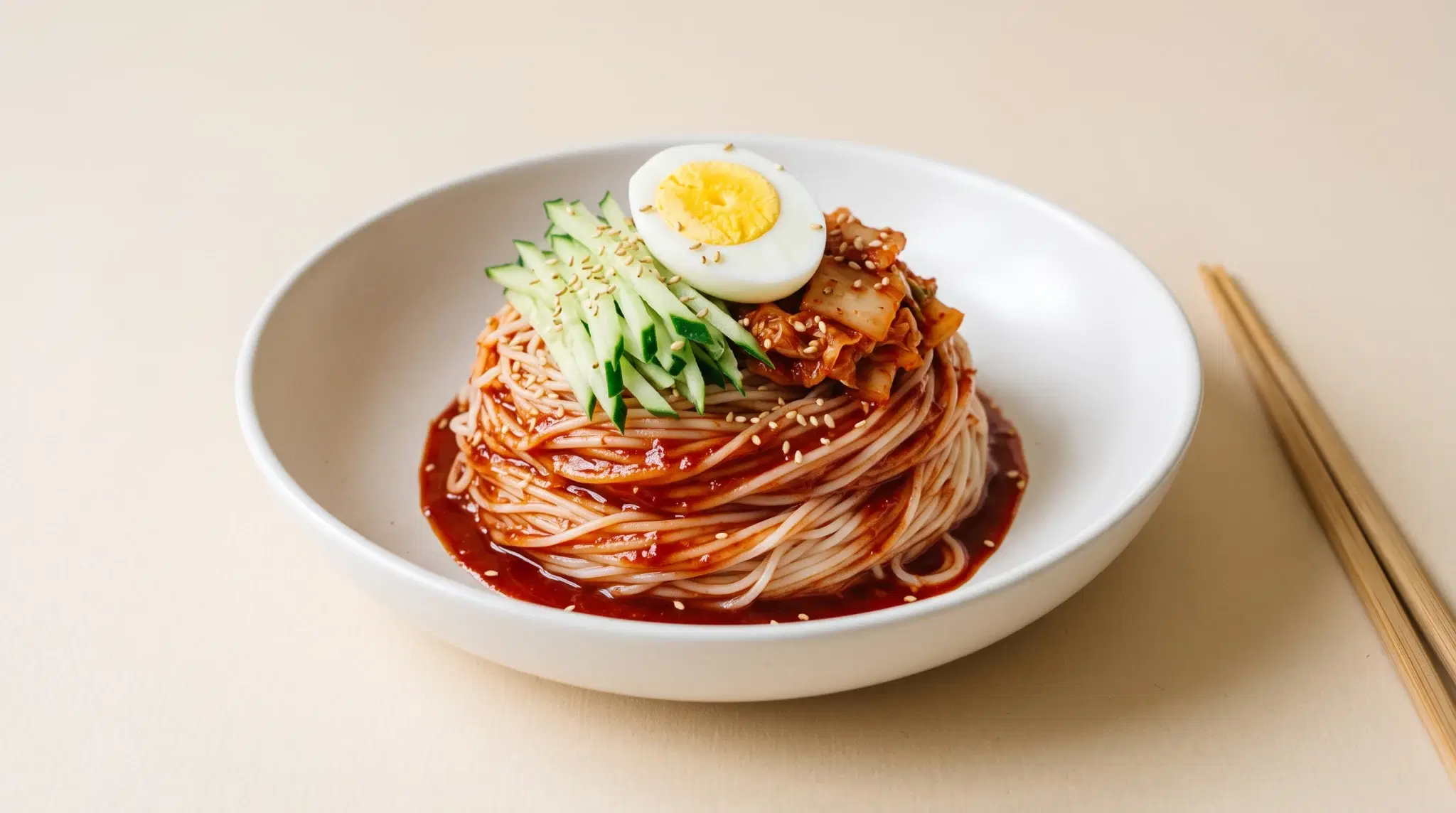 오이채와 김치, 삶은 달걀 반쪽을 올린 쌀소면 비빔국수 한 그릇