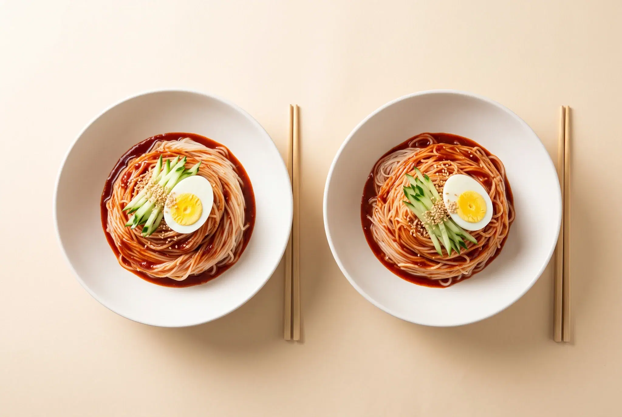 오이채와 달걀을 올려 두 그릇에 나눠 담은 쌀소면 비빔국수