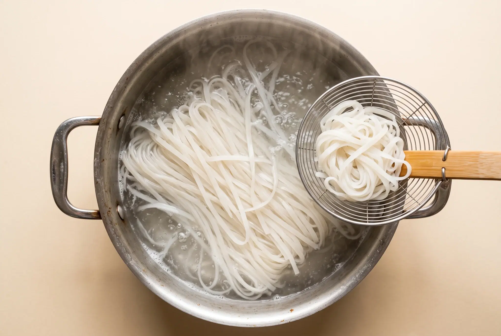 끓는 물에서 데치고 있는 쌀국수 면
