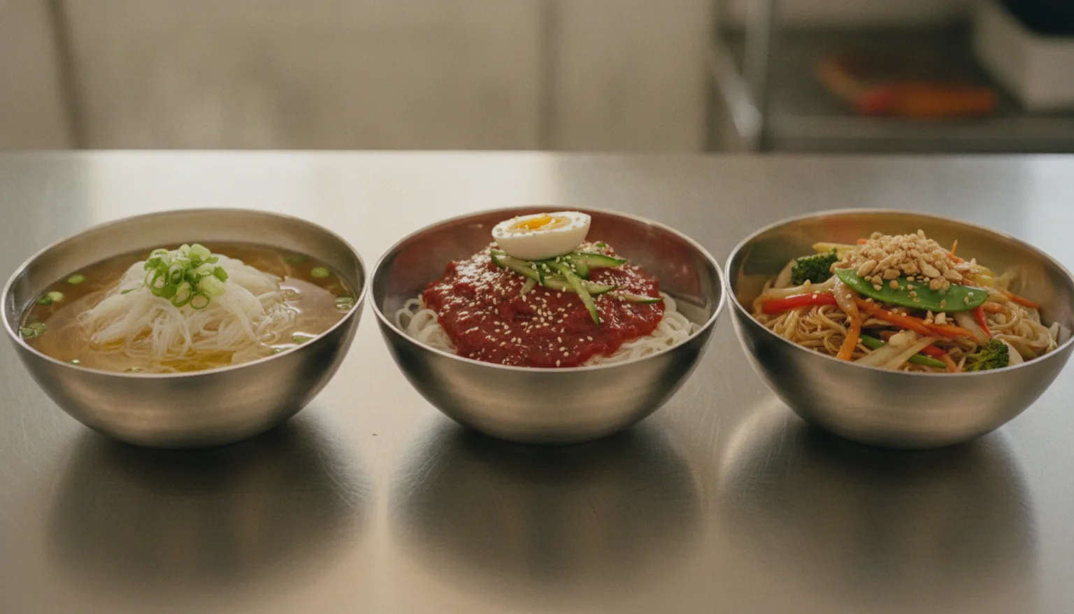 스테인리스 조리대 위 같은 쌀국수 면으로 만든 세 그릇 — 맑은 국물, 붉은 양념 비빔, 채소 볶음