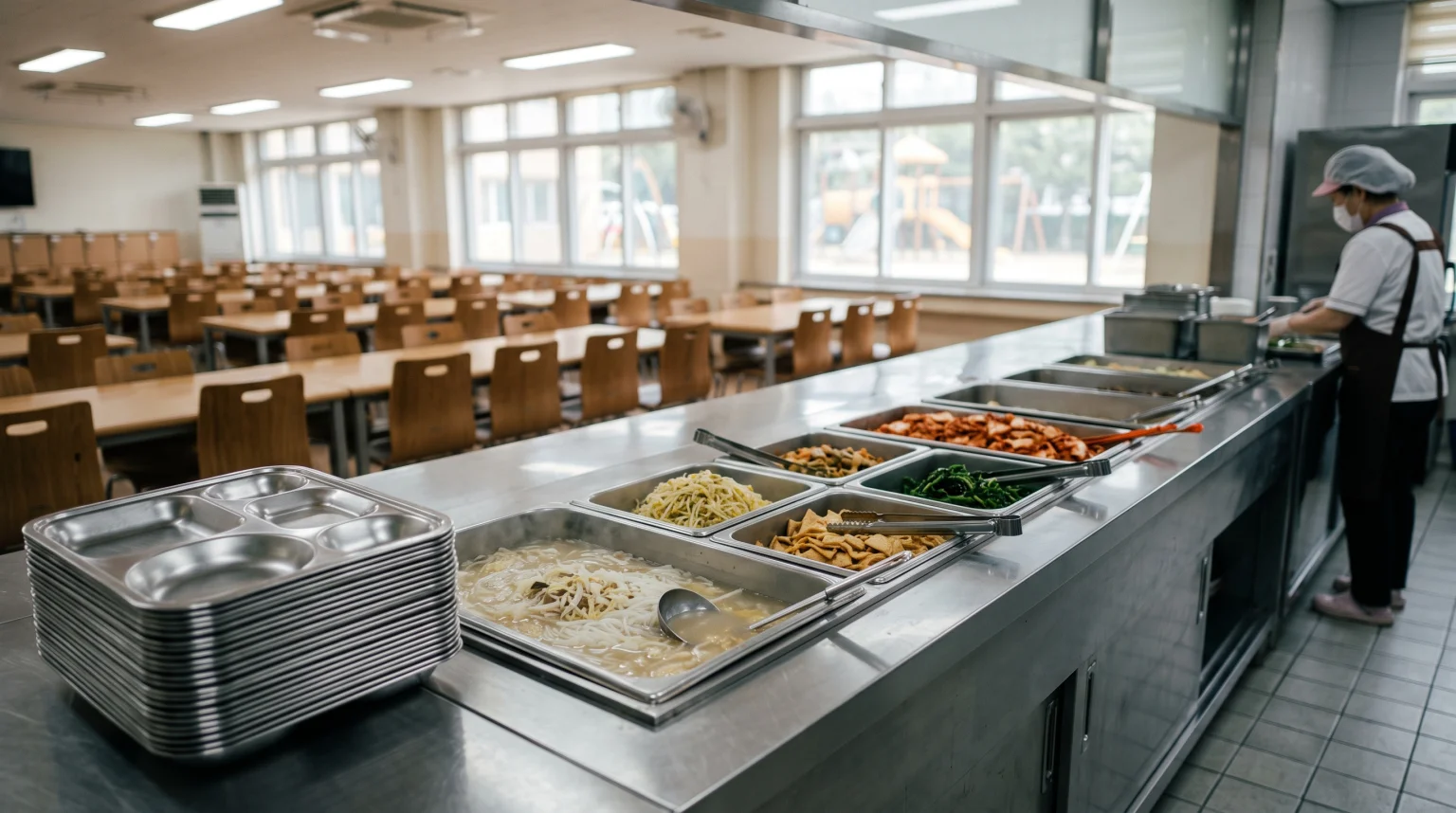 배식 직전의 학교 급식실 — 쌀국수 국물 요리와 반찬이 담긴 배식대와 스테인리스 식판 더미