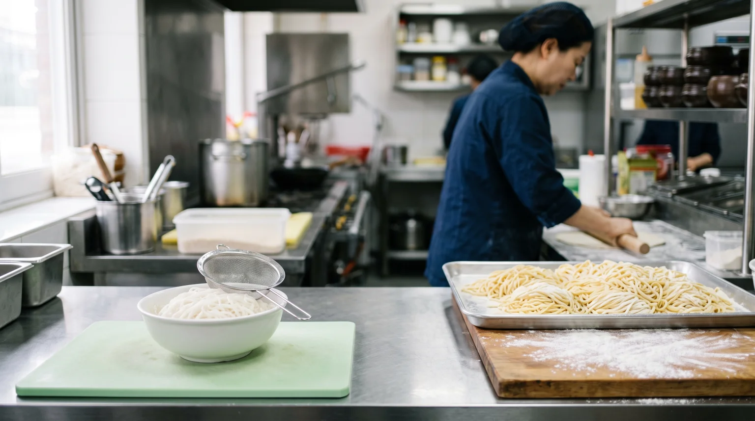 식당 주방 작업대 — 앞쪽 연두색 도마 위에 전용 체와 함께 놓인 쌀면 그릇, 뒤쪽 나무 도마에 밀가루와 함께 놓인 밀가루 면