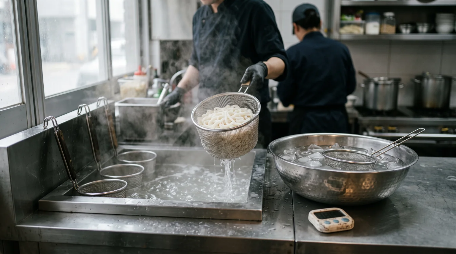식당 면 조리대 — 끓는 물에서 막 건져 물이 떨어지는 쌀국수 바구니, 옆에 놓인 얼음물 볼과 주방 타이머