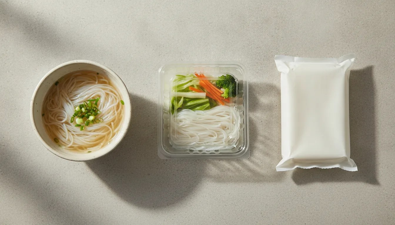 맑은 쌀국수 한 그릇, 면이 담긴 간편식 용기, 무지 소매용 면 패키지가 나란히 놓인 플랫레이 컷
